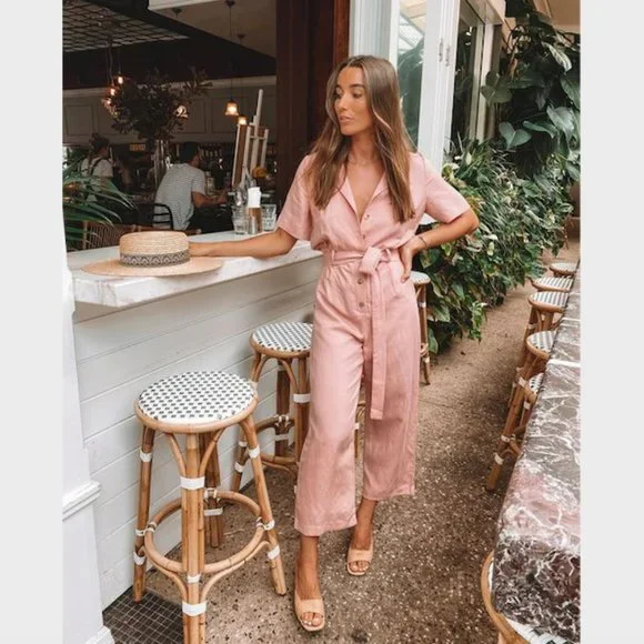 SOLD Kookai Dusty Pink Solace Jumpsuit Size 40 Tencel Linen Blend Collared - Picture 4 of 16